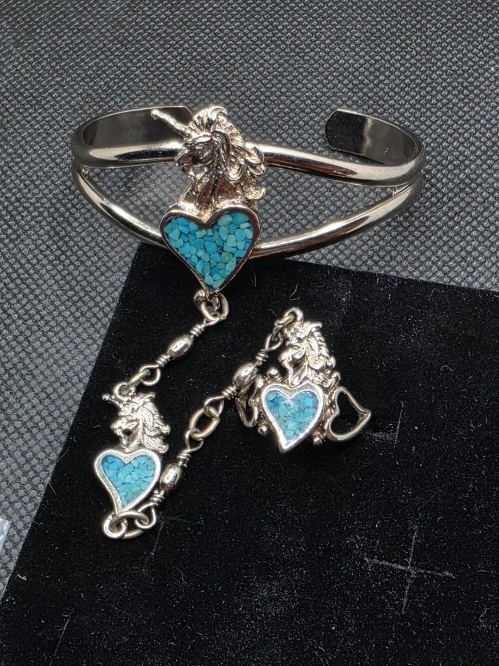Vintage EGE '90 Unicorn Turquoise Heart Slave Bracelet Ring Sz 9 Stranger Things